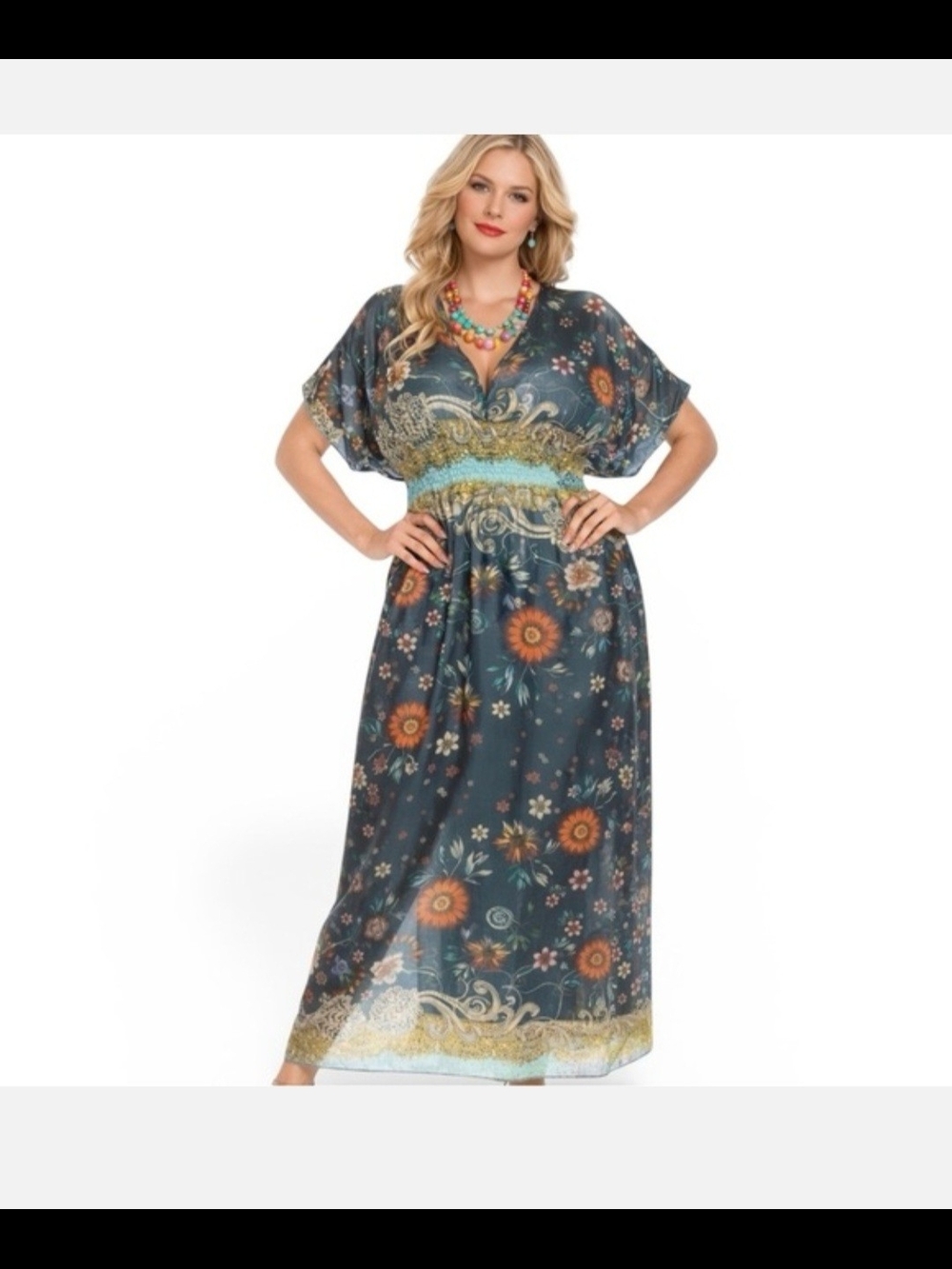 Johnny Was 100% SILK Teal Dress with Orange Sunflowers. Size L - Picture 4 of 7